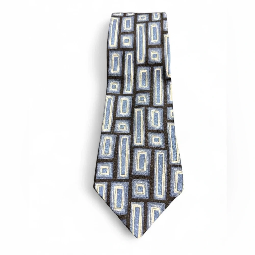 Geometric Patterned Tie by L’Homme 100% silk in Blue